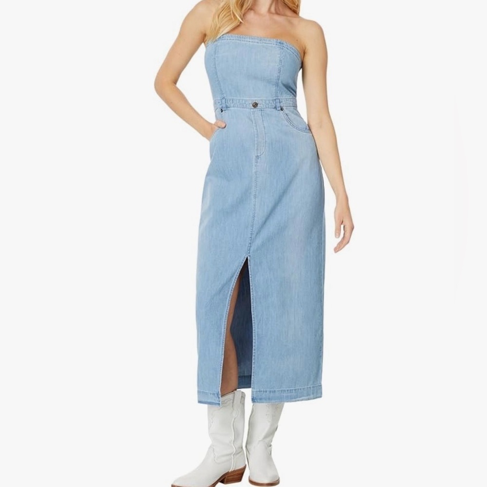 Free People Light Blue Denim Midi Dress with Front Slit